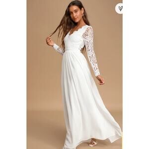Lulus Awaken My Love Maxi Dress Women’s XS White‎ Lace Long Sleeve Bridal Formal